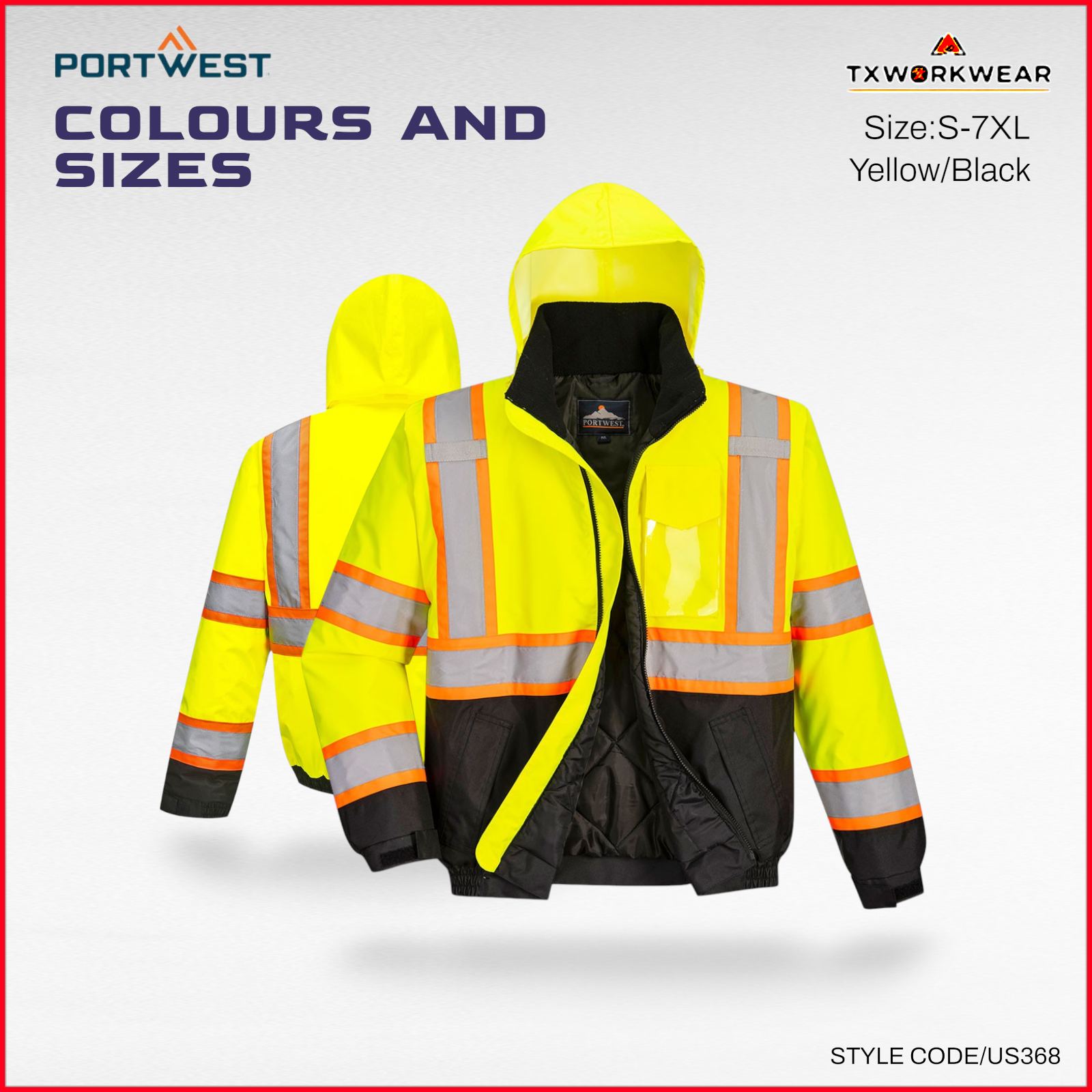 Portwest US368 Hi-Vis Contrast Tape Bomber Viz Insulated Safety