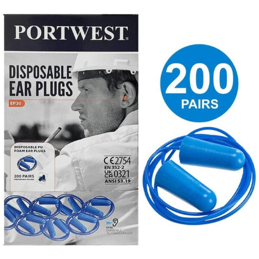 Portwest EP30 Detectable Corded PU Ear Plugs – 200 Pairs for Food Industry Safety (Blue)