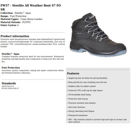 Portwest FW57 Steelite All Weather Boot S3 WR Black