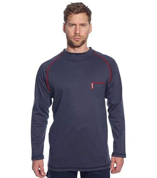 Portwest FR01 Mens Flame Resistant Bizflame Long Sleeved Crew Neck T Shirt ASTM Shell Fabric 100% Cotton 7oz Menswear Top