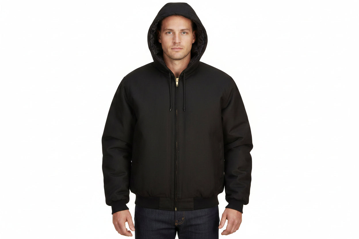 Black jacket with a hood on a white background