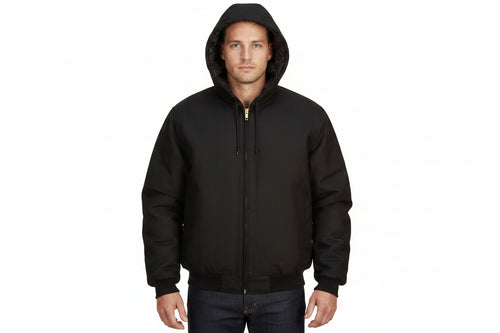 Black jacket with a hood on a white background
