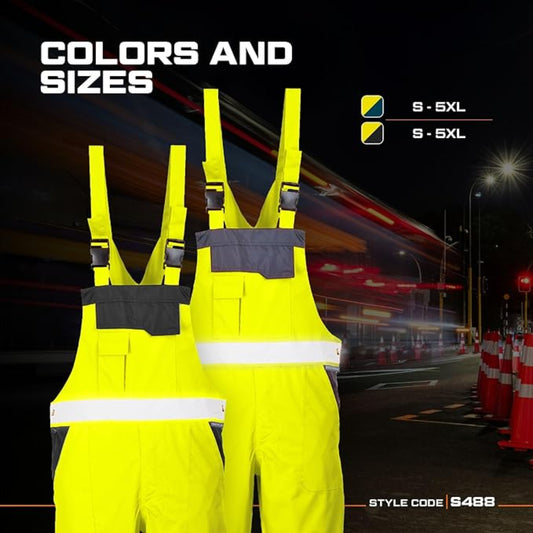 Portwest S488 Waterproof Hi Vis Safety Overalls, Contrast Bib and Brace Breathable Workwear