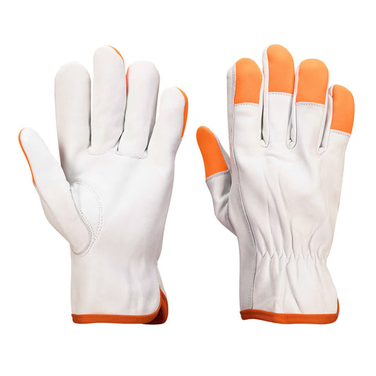 Premium A261 Goatskin Leather Driver Gloves with High-Visibility Orange Tips – ANSI Level 3 Protection | Durable Breathable Work Gloves (12-Pair Pack)