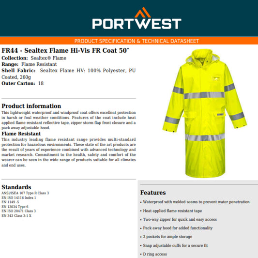 Portwest FR44 Sealtex Flame Hi-Vis Coat 50 Reflective Safety Work Construction Security ANSI 3 in S,M,L,XL,2XL,3XL,4XL,5XL,6XL