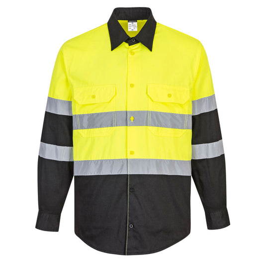 Portwest E066 2-Tone ANSI Long Sleeve Hi-Vis Work Shirt Yellow/Black Button Front Reflective Tape ANSI/ISEA 107 Type R Class 2 - Clothes, Wetsuit
