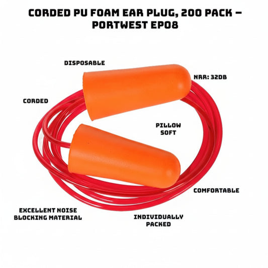 EP08 - Corded PU Foam Ear Plugs (200 pairs) Orange
