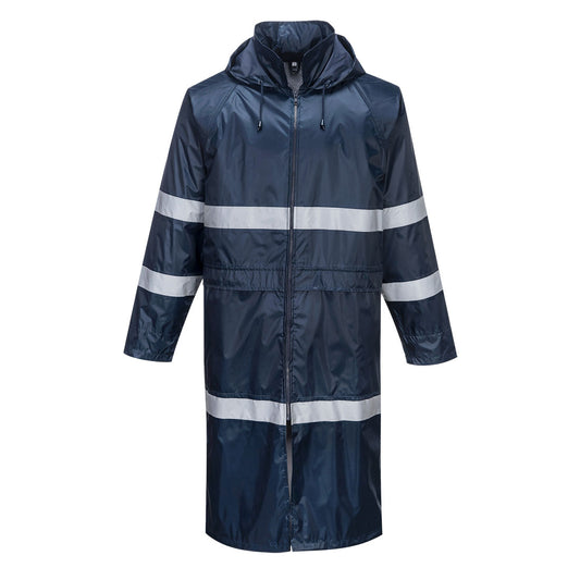 Portwest F438 Men's Waterproof Raincoat - Reflective Long Rain Jacket with Hood and Pockets Navy