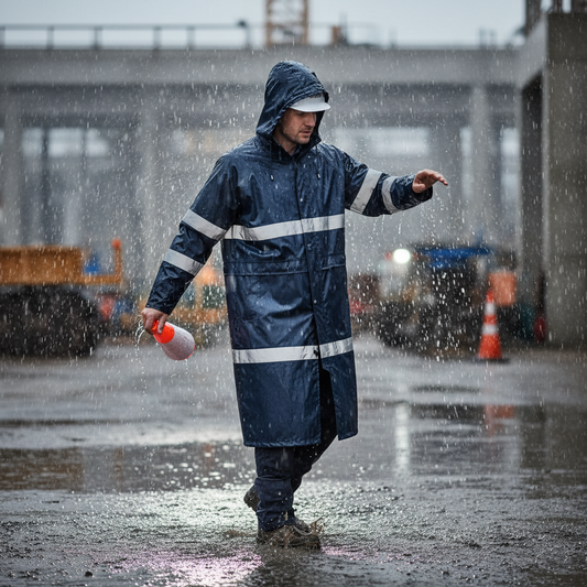 Portwest F438 Men's Waterproof Raincoat - Reflective Long Rain Jacket with Hood and Pockets Navy