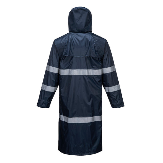 Portwest F438 Men's Waterproof Raincoat - Reflective Long Rain Jacket with Hood and Pockets Navy
