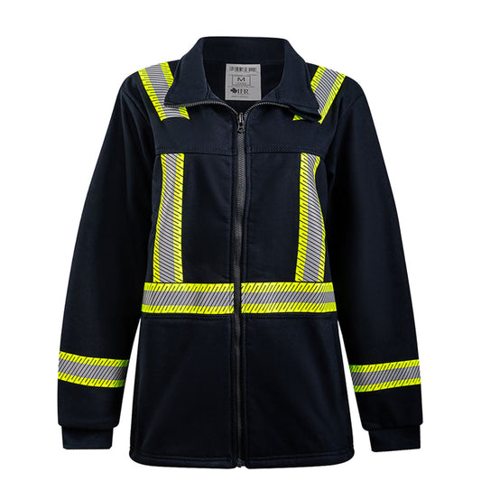 FR IOS324  Striped Fleece Jacket – NFPA 2112 & 70E Certified | Arc Flash Hi-Vis Full Zip Navy Work Jacket in S,M,L,XL,2XL,3XL,4XL