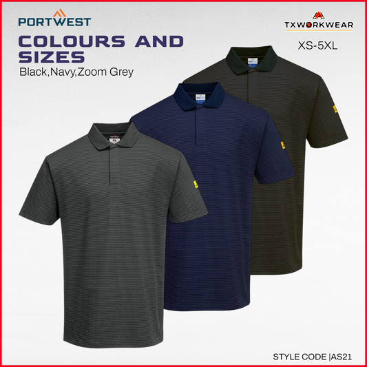 Portwest AS21 Anti-Static ESD Polo Shirt - Stripe Pattern, Short Sleeve, Medium Length, CE Certified, 96% Cotton 4% Carbon Fiber, Summer Workwear - Menswear