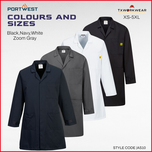 Portwest AS10 Anti-Static ESD Coat Workwear PPE XS,S,M,L,XL,2XL,3XL,4XL,5XL