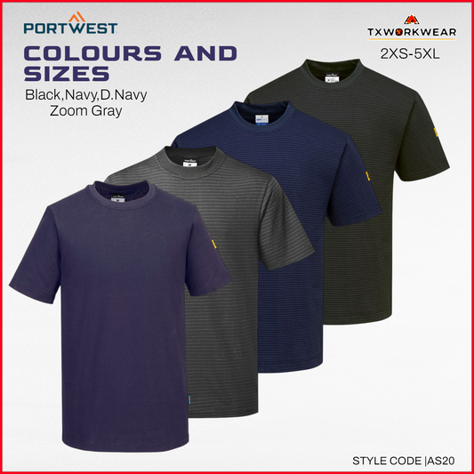 Portwest AS20 Anti-Static ESD T-Shirt Short Sleeve – Lightweight Cotton Safety Shirt for ESD Environments