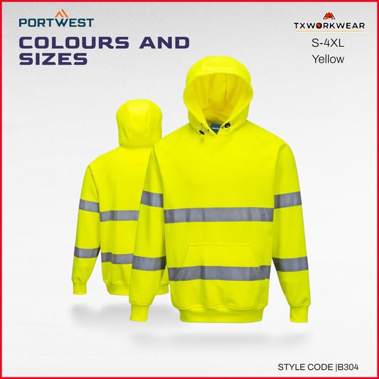 Portwest B304 Hi-Vis Hoodie High Visibility Work Hoodie Reflective Workwear