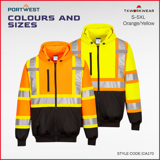 Portwest CA170 High Visibility Hoodie Fluorescent Workwear Lightweight Breathable Safety Jacket