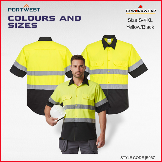 Portwest E067 Hi-Vis Contrast Shirt S/S – Reflective ANSI Safety Work Shirt (Yellow/Black)