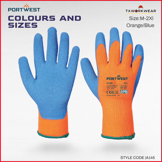 Portwest Winter A145 - Cold 7 Latex Crinkle,protection Glove A2 Orange/Blue-M,L,XL,2XL-PORTWEST