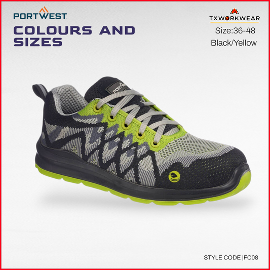 FC08 - Portwest Compositelite Eco Safety Sneaker S1P Black/Yellow in 36,37,38,39,40,41,42,43,45,46,47,48