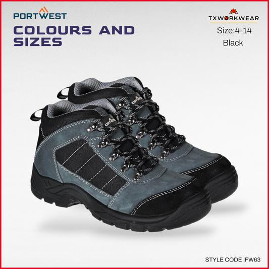 Portwest FW63 Steel Leather Ankle Boot S1P SR Work Safety Boot With Steel Toecap And Mesh Lining, Black, 5.5