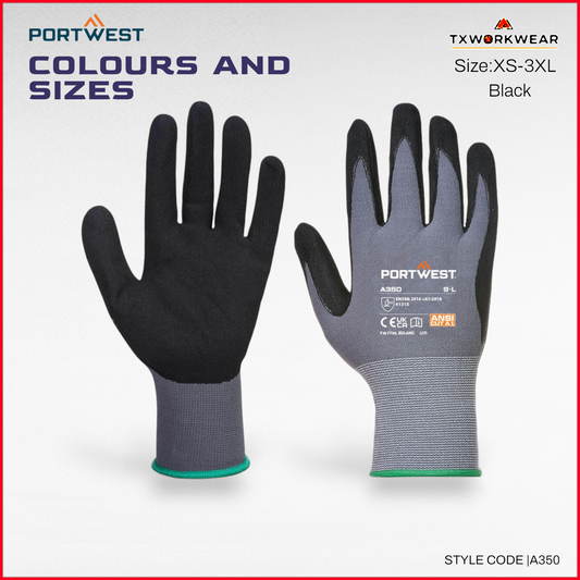 Portwest A350 Grip Work Gloves - Lightweight Nitrile Foam DermiFlex Safety Gloves Black