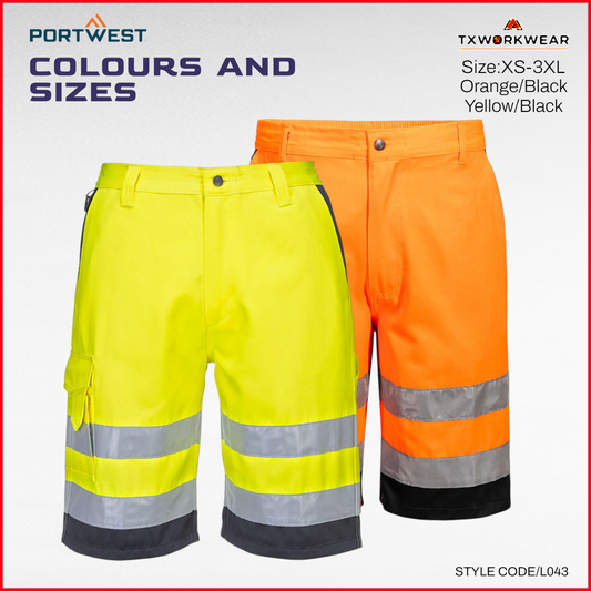 Portwest L043 Lightweight Hi-Vis Shorts – Reflective Safety Work Shorts (Orange/Black)