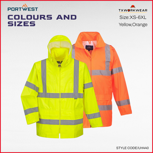 Portwest UH440 Men's Lightweight Waterproof Hi Vis Reflective Rain Jacket Orange-Ideal for construction, roadwork, and outdoor jobs