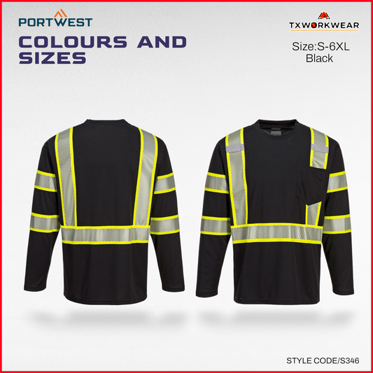 Portwest S346 Iona Plus Enhanced Long Sleeve Hi Vis Work T Shirt Black Reflective Workwear Men