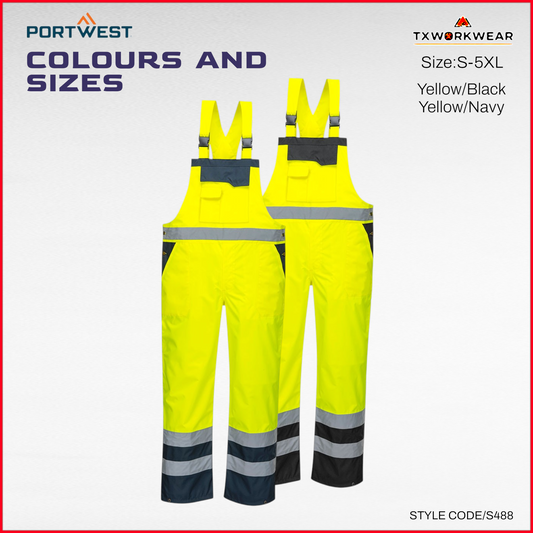 Portwest S488 Waterproof Hi Vis Safety Overalls, Contrast Bib and Brace Breathable Workwear