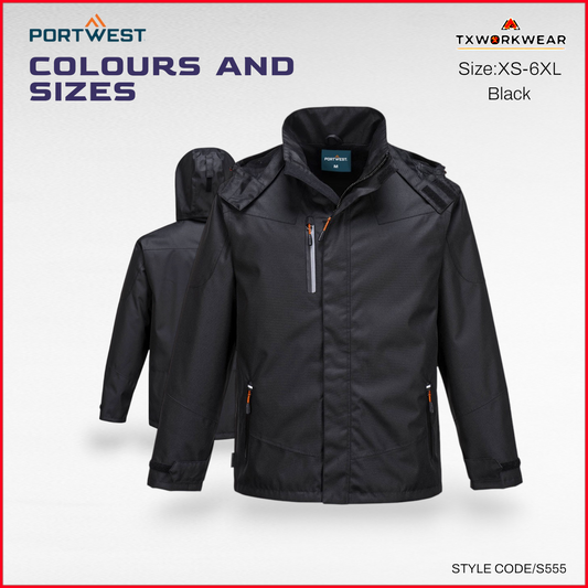 Portwest S555 Outcoach Waterproof Breathable Protective Jacket Black in S,M,L,XL,2XL,3XL,4XL,5XL,6XL