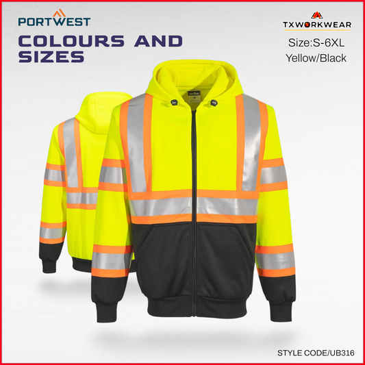 Portwest UB316 Kansas Hi-Vis Reflective Contrast Safety Work Zipped Hoodie In S,M,L,XL,2XL,3XL,4XL,5XL,6XL