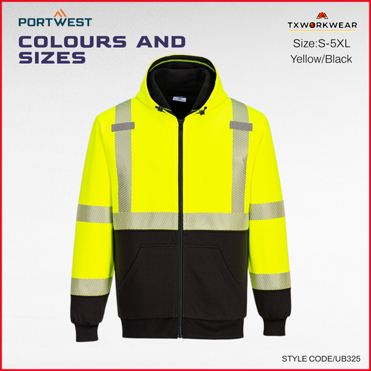 Portwest UB325 Hi Vis Thermal Two Tone Zipped Hoodie  And Segmented Reflective Tape For Warmth,Visibility in S,M,L,XL,2XL,3XL,4XL,5XL,6XL