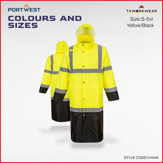 Portwest Hi-Vis Contrast Rain Coat 48" Yellow/Black UH446