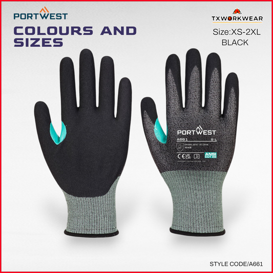 Portwest-Best Quality A661 CS VHR18 high level of cut resistance Nitrile Foam Cut Gloves-Black IN XS,S,M,L,XL,2XL