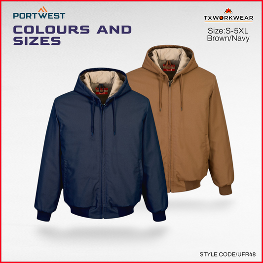 Portwest UFR48 Men's Duck Quilt Lined Flame Resistant Winter Hooded Jacket S,M,L,XL,2XL,3XL,4XL,5XL