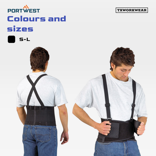 Portwest PW80 Back Support Belt – Adjustable Belt with Shoulder Straps for Lower Back Protection, Lifting Support & Workplace Safety
