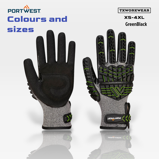 Portwest A755 Anti Impact Safety Work Gloves - Nitrile Foam Cut Resistant & Impact Reducing Protective Work Gloves Black/Green