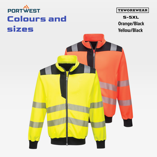Portwest PW370 Hi-Vis Zip Sweatshirt – Reflective Workwear Jacket with Zipper (Comfort Fit)