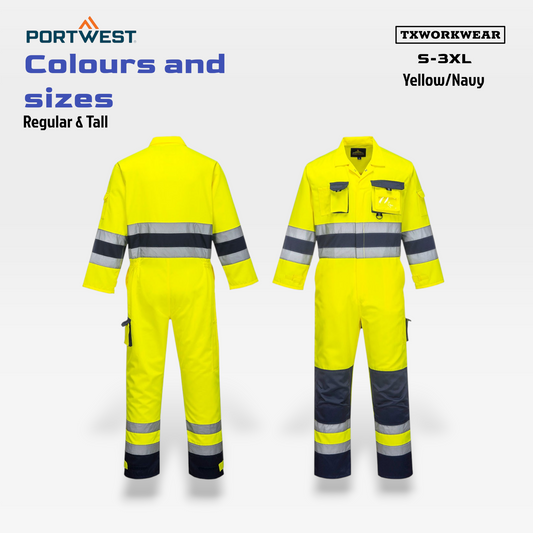 Portwest TX55 Nantes Hi Vis Coveralls - Reflective Safety Coveralls with Pockets in S,M,L,XL,2XL,3XL Yellow/Navy