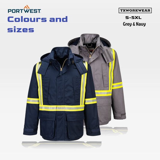 FR610 -Best Quality 5 Pocket Bizflame Work Insulated FR Parka Gray-Portwest Brand S,M,L,XL,2XL,3XL,4XL,5XL