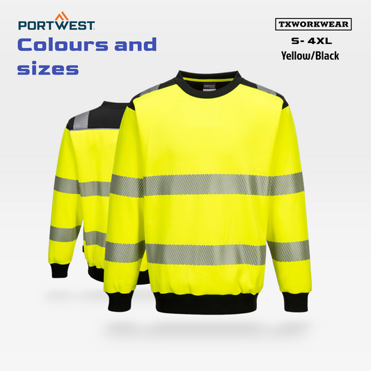 Portwest PW379 PW3 Hi-Vis Sweatshirt – Reflective Safety Crew Neck Workwear