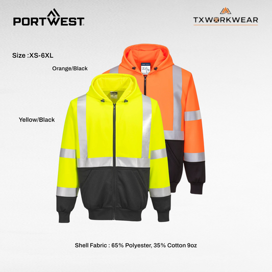 Portwest Women's Long Sleeve Casual Hi-Vis Contrast Zipped Hoodie, Yellow/Black, Women's Tops & Sweatshirts, Sizes XS-6XL