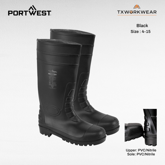 Portwest FW95 Total Safety Wellington S5 Black Work Shoe - Round Toe Slip On Boot with Steel Toecap & Midsole for All Seasons - Footwear, Boy