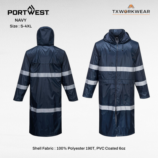 Portwest F438 Men's Waterproof Raincoat - Reflective Long Rain Jacket with Hood and Pockets Navy