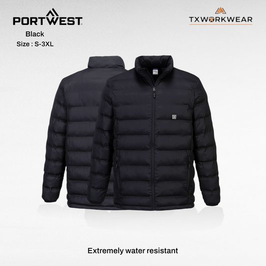 Portwest S557 Menswear Ultrasonic Heated Tunnel Jacket, Men's Top & Coat, Black, Zipper-Equipped, Available in S, M, L, XL, 2XL, 3XL