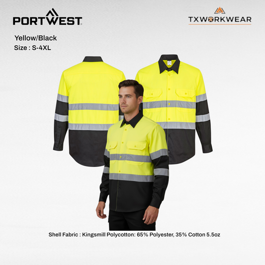 Portwest E066 2-Tone ANSI Long Sleeve Hi-Vis Work Shirt Yellow/Black Button Front Reflective Tape ANSI/ISEA 107 Type R Class 2 - Clothes, Wetsuit