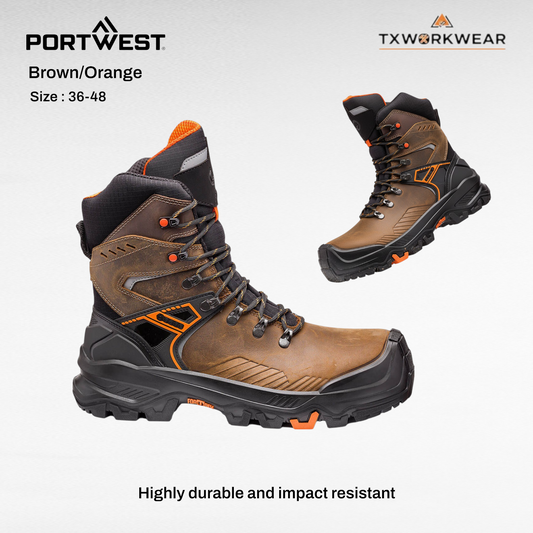 Portwest Women's B1610C T-Wall Top EH Steel Toe Safety Boot - 8" Base Protection Electric Hazard Work Shoe, Brown/Orange, Round Toe, Laces, All Seasons - Cover, Worker