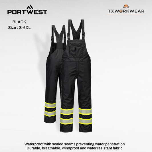 Portwest F488 Iona Plus Enhanced Rain Bib Overall for Men - Black, Waist-Fit, Adjustable Strap, 7 Pockets, UV Protection, Waterproof, Summer Suits - Formal, Training Pants