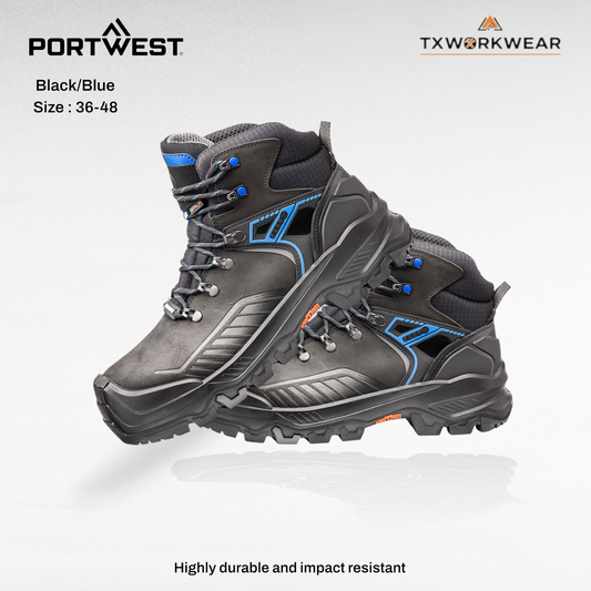 Portwest Base Protection B1603C- Steel Toe, Electric Hazard, Water-Resistant, Round Toe, Laces, Black/Blue, Closed,Construction, Building, Demolition - Boy, Worker