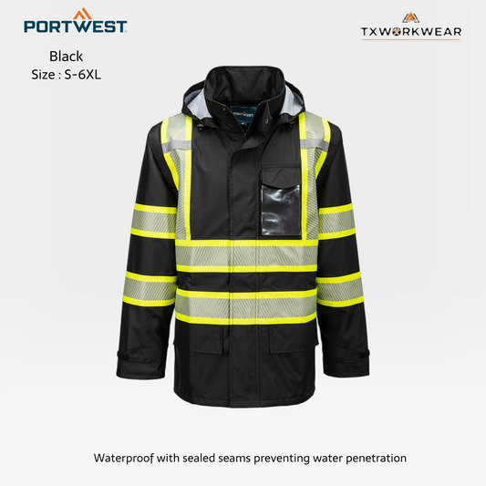 Portwest F366 Iona Plus Lined Rain Jacket Waterproof Hi Vis Workwear PPe Lightweight with 5 Pockets & Reflective Tape for Safety - Pack